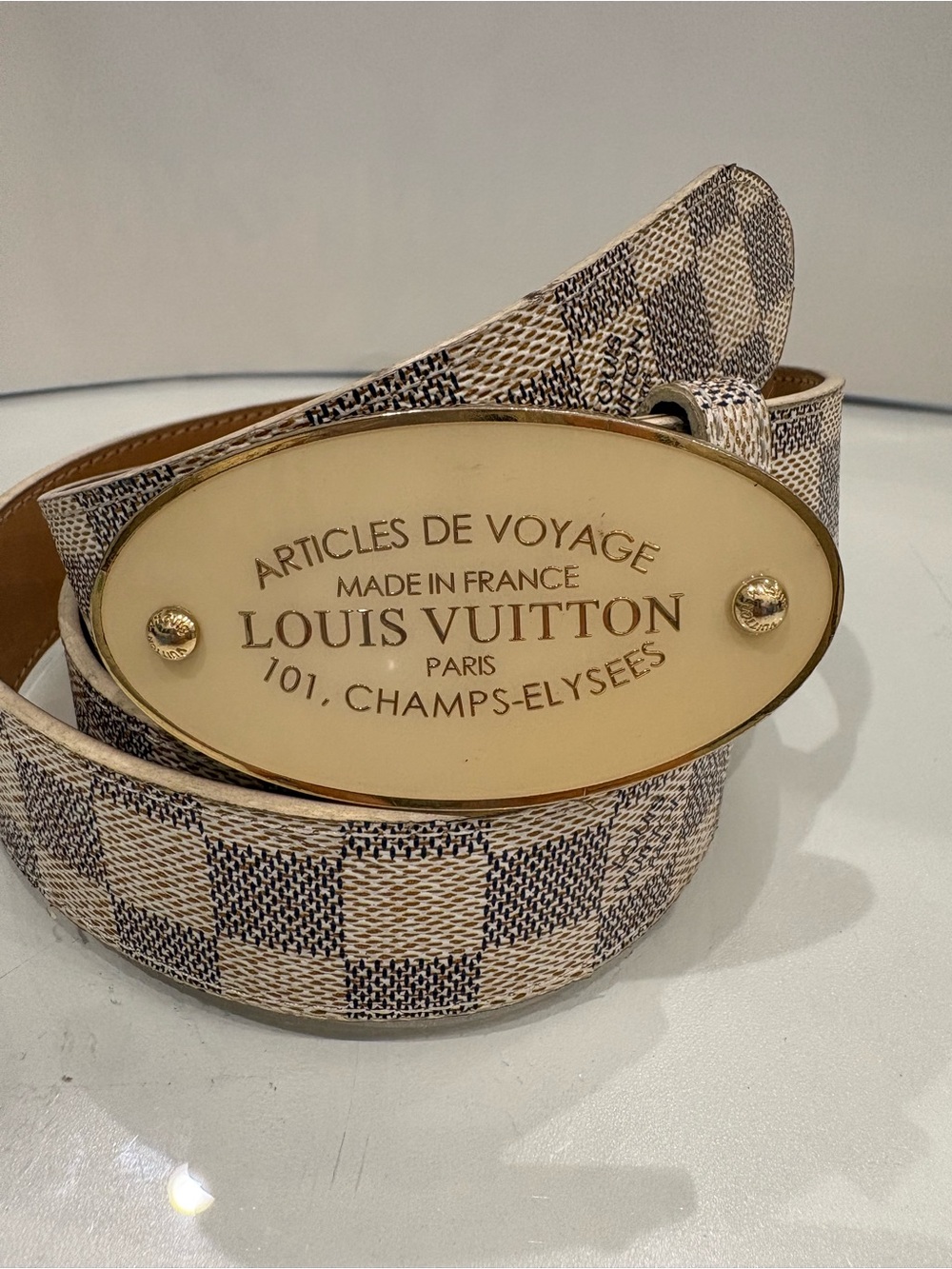 $740 Authentic Louis Vuitton Damier Azur Leather Voyage Inventeur Belt 48 /120cm